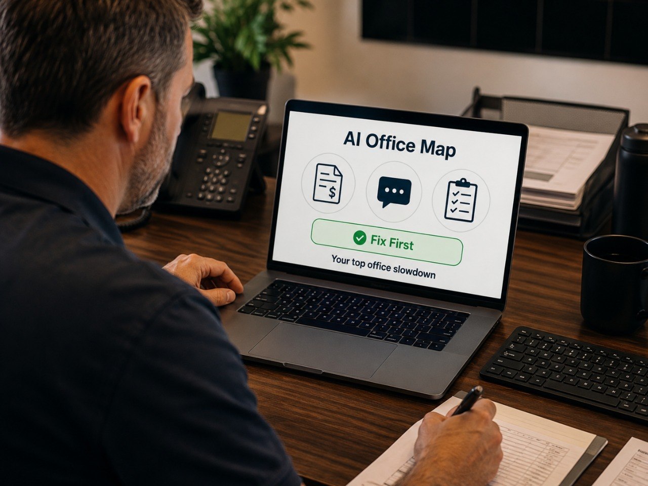 Service business owner reviewing an AI Office Map on a laptop