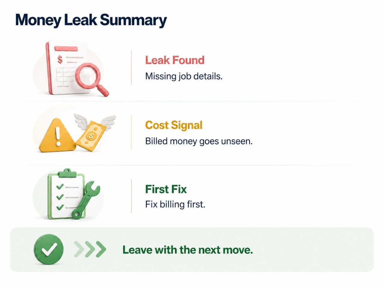 Sample Money Leak Summary showing the leak found, cost signal, build priority, and next move.